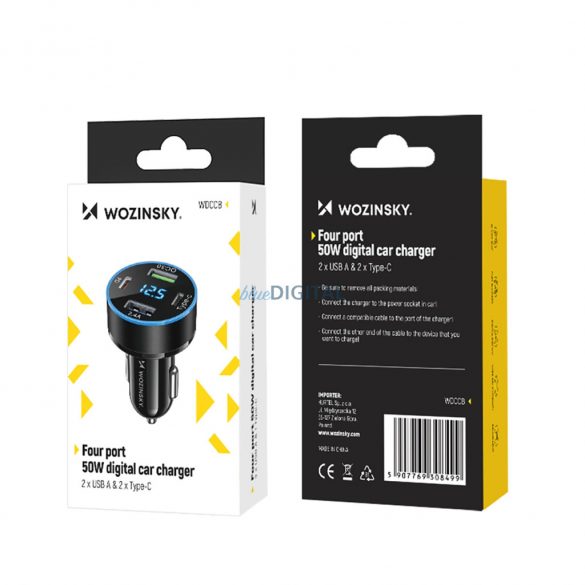 Wozinsky WDCCB încărcător auto cu afișaj 2xUSB-A și 2xUSB-C conexiune 50W - negru