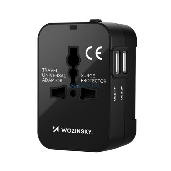 Adaptor podróżny Wozinsky WUTWC uniwersalny UE / SUA / AUS / UK / 2x USB-A - czarny