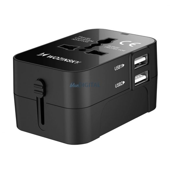 Adaptor podróżny Wozinsky WUTWC uniwersalny UE / SUA / AUS / UK / 2x USB-A - czarny