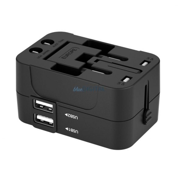 Adaptor podróżny Wozinsky WUTWC uniwersalny UE / SUA / AUS / UK / 2x USB-A - czarny