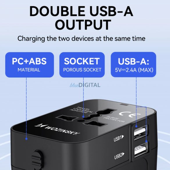 Adaptor podróżny Wozinsky WUTWC uniwersalny UE / SUA / AUS / UK / 2x USB-A - czarny