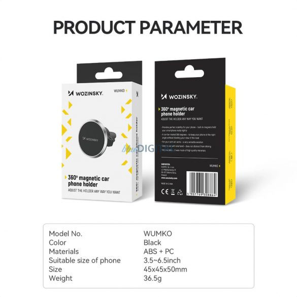 Suport magnetic pentru telefon Wozinsky WUMKO pentru aerisire auto - negru