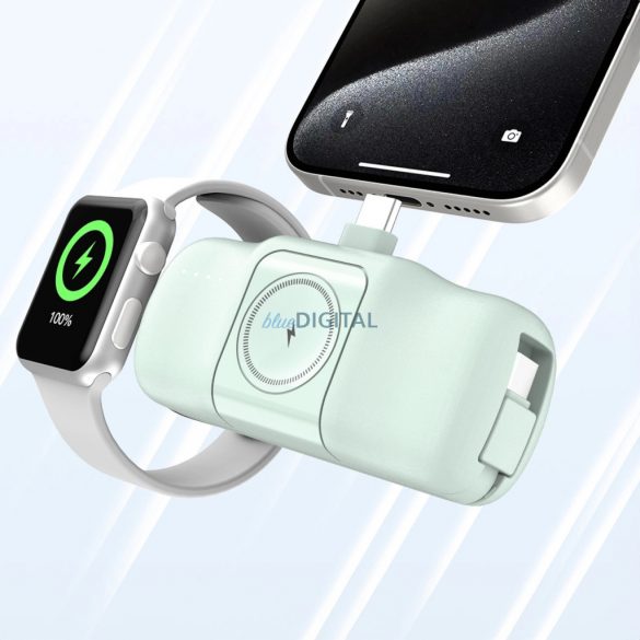 Wozinsky WF16-YCS mini powerbank 5000mAh 15W cu conector Type-C, cablu Type-C încorporat + încărcare wireless Apple Watch - verde