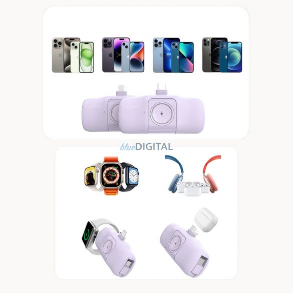 Wozinsky WF16-YCS mini powerbank 5000mAh 15W cu conector Type-C, cablu Type-C încorporat + încărcare wireless Apple Watch - violet