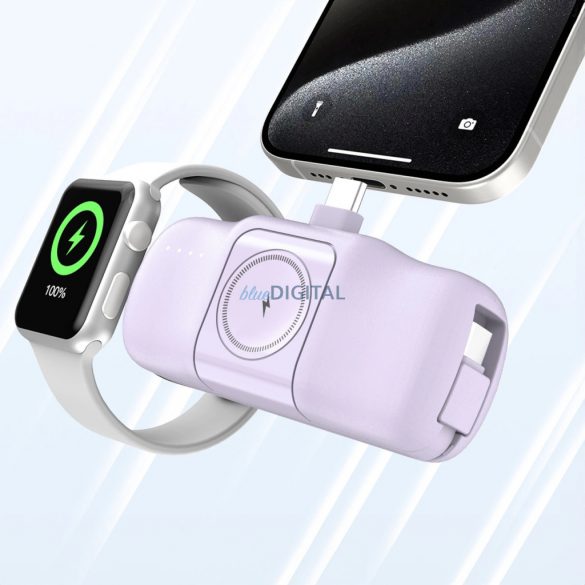 Wozinsky WF16-YCS mini powerbank 5000mAh 15W cu conector Type-C, cablu Type-C încorporat + încărcare wireless Apple Watch - violet