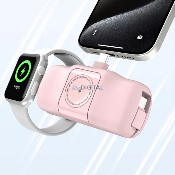 Wozinsky WF16-YCS mini powerbank 5000mAh 15W cu conector Type-C, cablu Type-C încorporat + încărcare wireless Apple Watch - roz