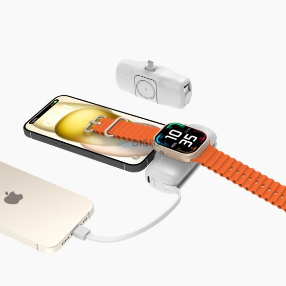 Wozinsky WF16-YLS mini powerbank 5000mAh 15W cu conector Lightning, cablu Type-C încorporat + încărcare wireless Apple Watch - alb