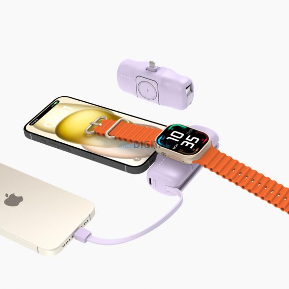 Wozinsky WF16-YLS mini powerbank 5000mAh 15W cu conector Lightning, cablu Type-C încorporat + încărcare wireless Apple Watch - violet