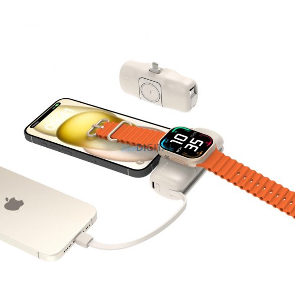 Wozinsky WF16-YLS mini powerbank 5000mAh 15W cu conector Lightning, cablu Type-C încorporat + încărcare wireless Apple Watch - bej