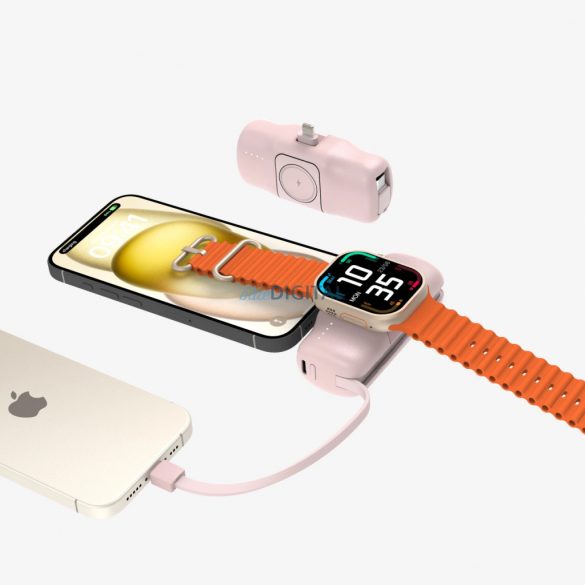 Wozinsky WF16-YLS mini powerbank 5000mAh 15W cu conector Lightning, cablu Type-C încorporat + încărcare wireless Apple Watch - roz