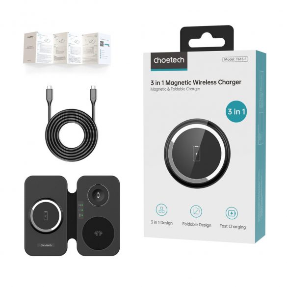 Incarcator inductiv Choetech T616-F 3in1 compatibil cu dispozitivele Apple si Samsung - negru