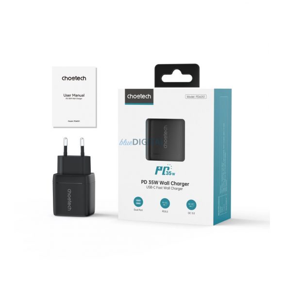 Choetech PD6051 USB-C USB-C PD 35W GaN încărcător de perete cu afișaj - negru