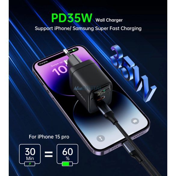 Choetech PD6051 USB-C USB-C PD 35W GaN încărcător de perete cu afișaj - negru