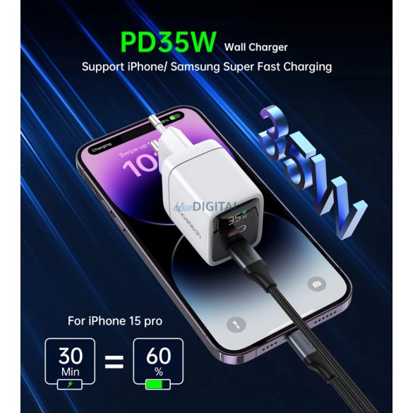 Choetech PD6051 2x USB-C PD 35W GaN încărcător de perete cu afișaj - alb