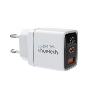 Choetech PD6052 USB-C USB-A PD 35W GaN încărcător de perete cu afișaj - alb