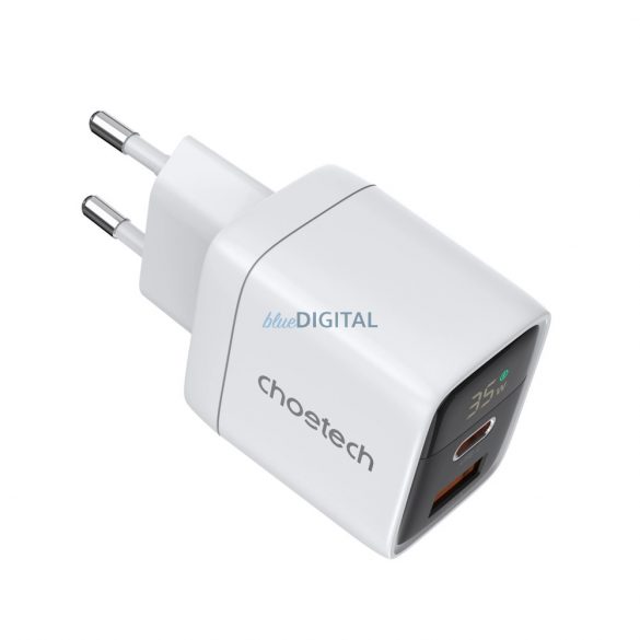 Choetech PD6052 USB-C USB-A PD 35W GaN încărcător de perete cu afișaj - alb