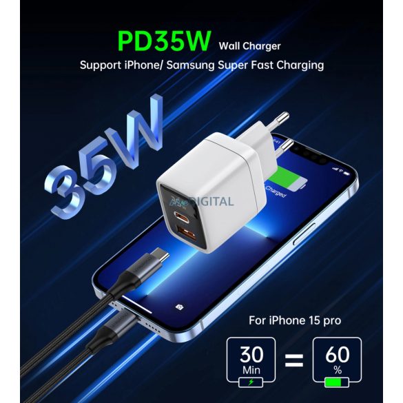 Choetech PD6052 USB-C USB-A PD 35W GaN încărcător de perete cu afișaj - alb