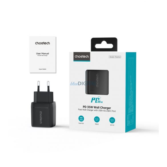 Choetech PD6052 USB-C USB-A PD 35W GaN încărcător de perete cu afișaj - negru