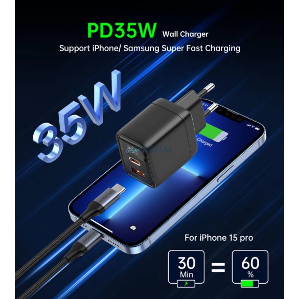 Choetech PD6052 USB-C USB-A PD 35W GaN încărcător de perete cu afișaj - negru