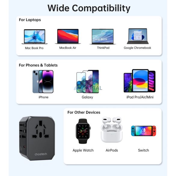 Încărcător de călătorie Choetech PD6041 USB-C USB-A PD 30W cu 4 mufe US EU UK AU - Negru