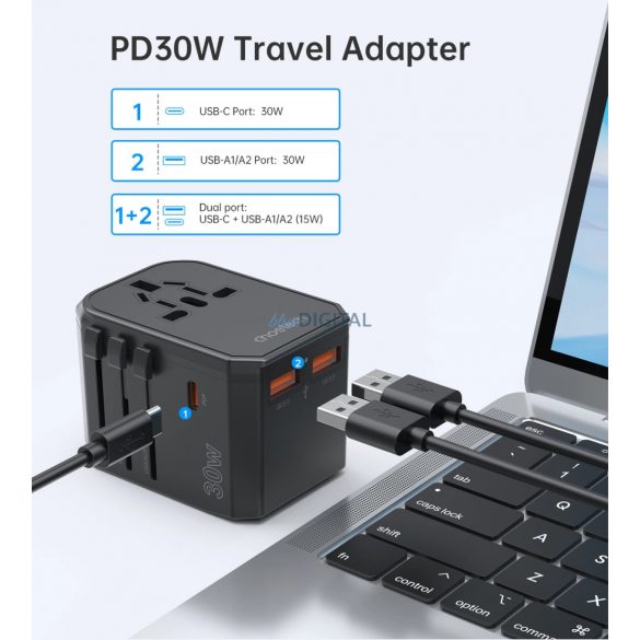 Încărcător de călătorie Choetech PD6041 USB-C USB-A PD 30W cu 4 mufe US EU UK AU - Negru