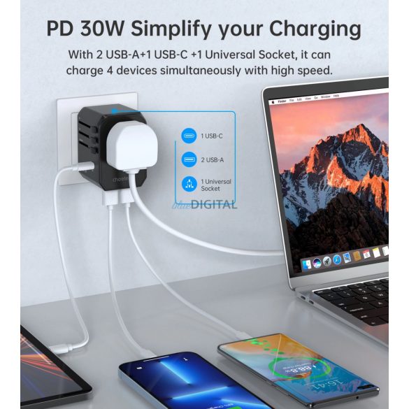 Încărcător de călătorie Choetech PD6041 USB-C USB-A PD 30W cu 4 mufe US EU UK AU - Negru