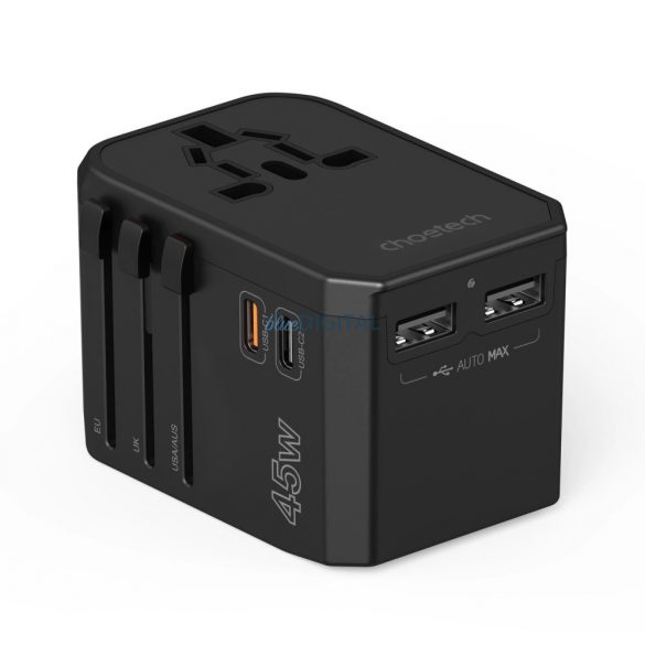 Choetech PD6045 USB-C USB-A 45W GaN încărcător de călătorie cu mufe US EU UK AU - Negru