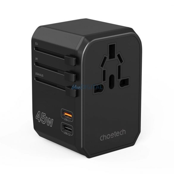 Choetech PD6045 USB-C USB-A 45W GaN încărcător de călătorie cu mufe US EU UK AU - Negru