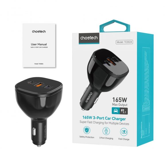 Choetech TC0024 încărcător auto 160W 2x USB-C PD 3.1 1x USB-A - negru