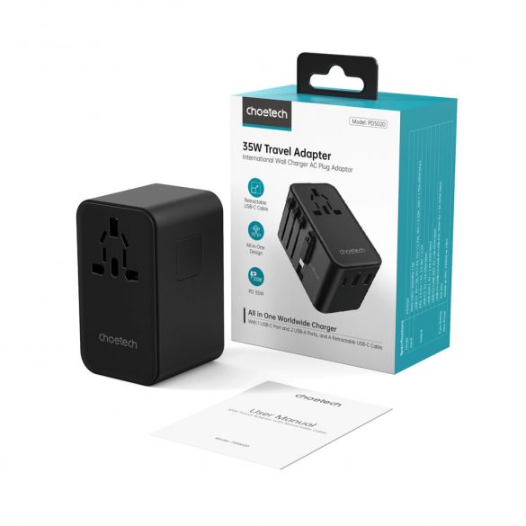 Adaptor de călătorie Choetech PD5020 35W EU/US/AUS/UK cu cablu USB-C încorporat - negru