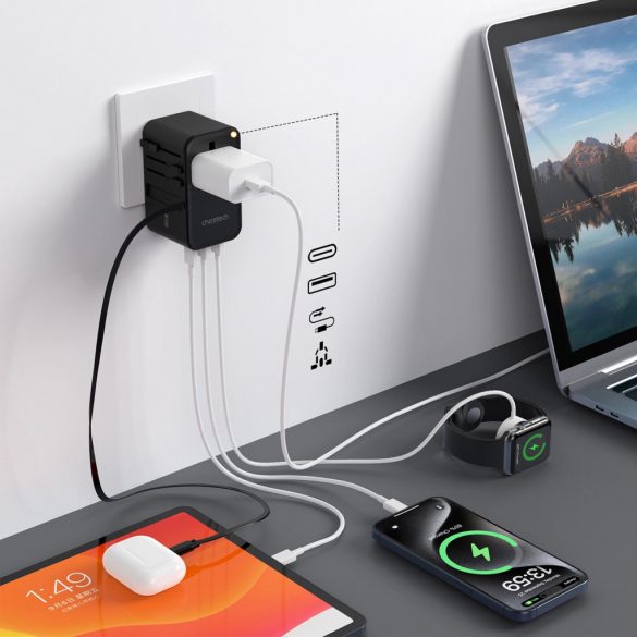 Adaptor de călătorie Choetech PD5020 35W EU/US/AUS/UK cu cablu USB-C încorporat - negru