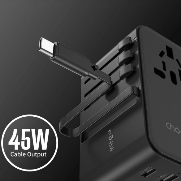 Adaptor de călătorie Choetech PD5021 45W EU/US/AUS/UK cu cablu USB-C încorporat - negru