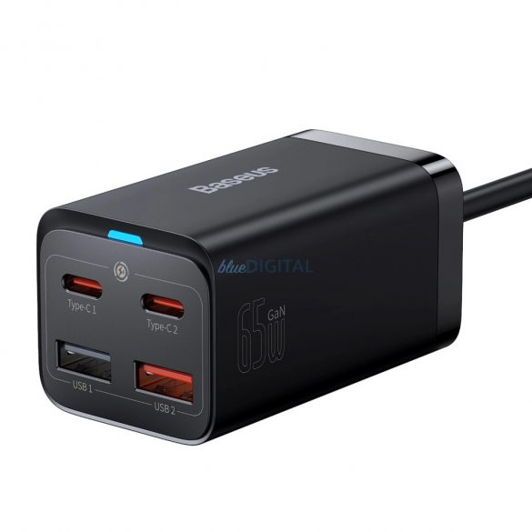 Baseus CCGP040101 Încărcător de putere cu 2xUSB-A și 2xUSB-C GaN3 65W PD QC4.0 1m - negru