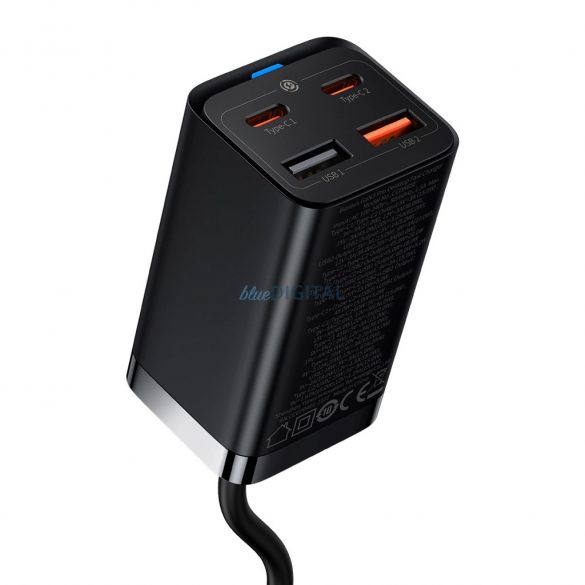 Baseus CCGP040101 Încărcător de putere cu 2xUSB-A și 2xUSB-C GaN3 65W PD QC4.0 1m - negru