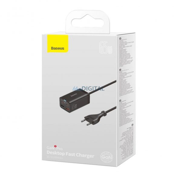 Baseus CCGP040101 Încărcător de putere cu 2xUSB-A și 2xUSB-C GaN3 65W PD QC4.0 1m - negru