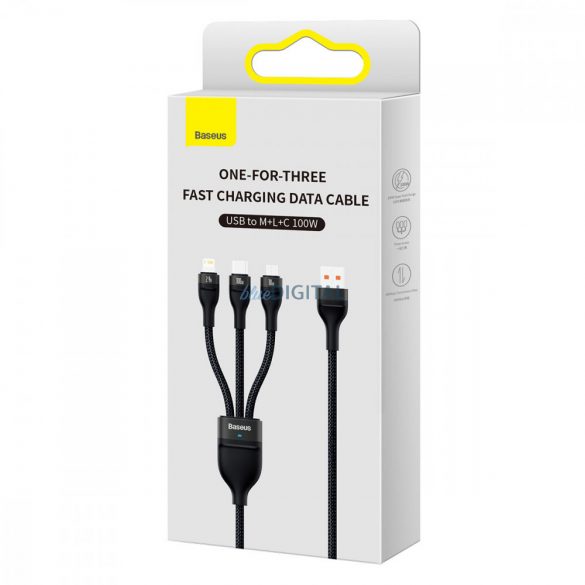 Baseus Flash Series Ⅱ Cablu de date de încărcare rapidă unul pentru trei USB la M+L+C 100W 1,2 m negru