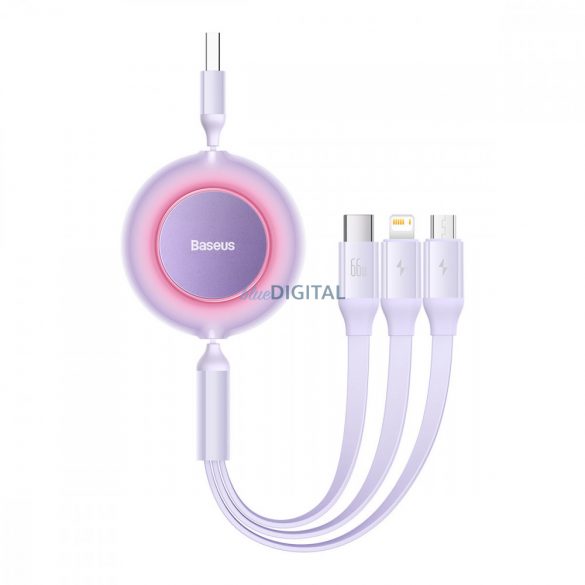 Cablu retractabil Baseus Bright Mirror 2 3in1 USB tip A - micro USB + Lightning + USB tip C 66W 1,1 m violet (CAMJ010105)