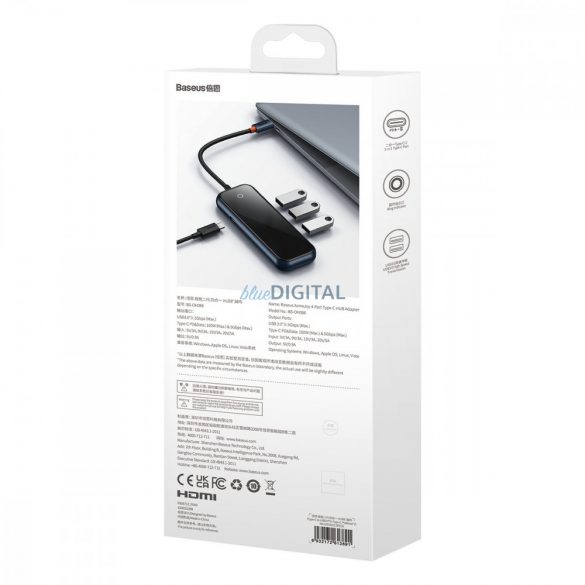 Stație de andocare HUB Baseus AcmeJoy cu 6 porturi (USB-C la USB-C PD și date / 2xUSB3.0 / USB2.0 / HDMI / RJ45) gri închis (WKJZ010013)