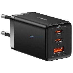 Baseus CCGP120201 Încărcător AC cu conexiune 1xUSB-A și 2xUSB-C și cablu Type-C - Type-C 1m GaN 65W - negru