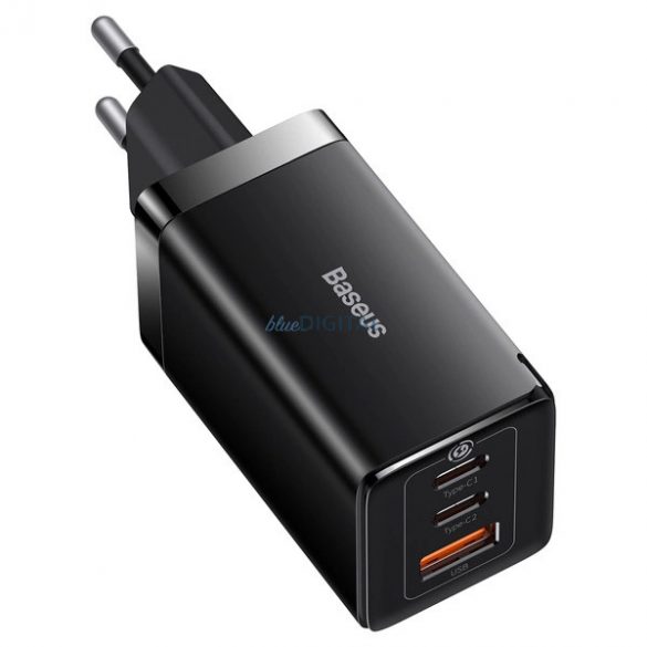 Baseus CCGP120201 Încărcător AC cu conexiune 1xUSB-A și 2xUSB-C și cablu Type-C - Type-C 1m GaN 65W - negru