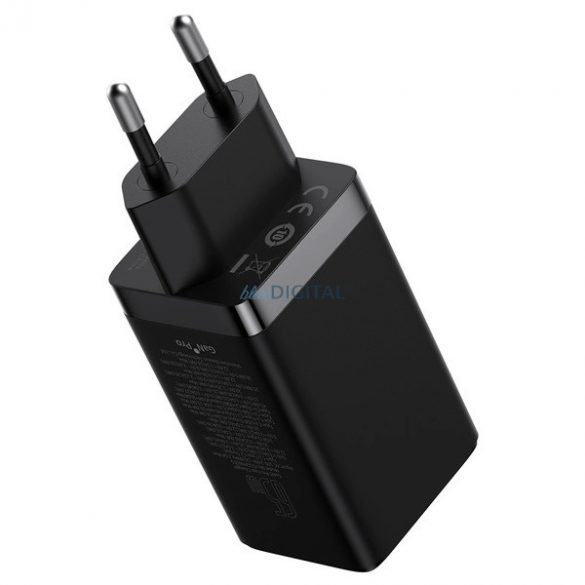 Baseus CCGP120201 Încărcător AC cu conexiune 1xUSB-A și 2xUSB-C și cablu Type-C - Type-C 1m GaN 65W - negru