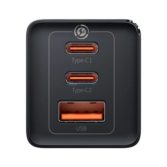 Baseus CCGP120201 Încărcător AC cu conexiune 1xUSB-A și 2xUSB-C și cablu Type-C - Type-C 1m GaN 65W - negru