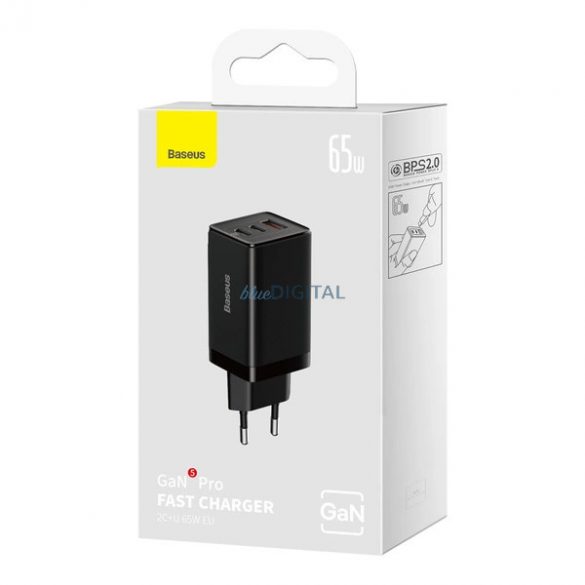 Baseus CCGP120201 Încărcător AC cu conexiune 1xUSB-A și 2xUSB-C și cablu Type-C - Type-C 1m GaN 65W - negru