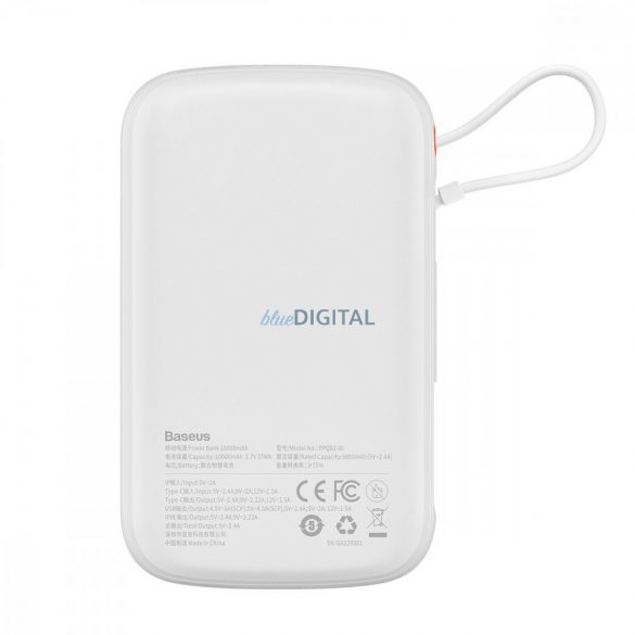 Power Bank cu afișaj digital Baseus Qpow cu încărcare rapidă 10000mAh 20W QC/PD/SCP/FCP cu cablu Lightning încorporat alb