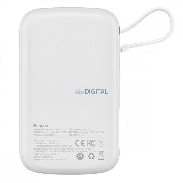 Powerbank Baseus Qpow Digital Display cu încărcare rapidă 10000mAh 22,5W QC/PD/SCP/FCP cu cablu USB-C încorporat alb