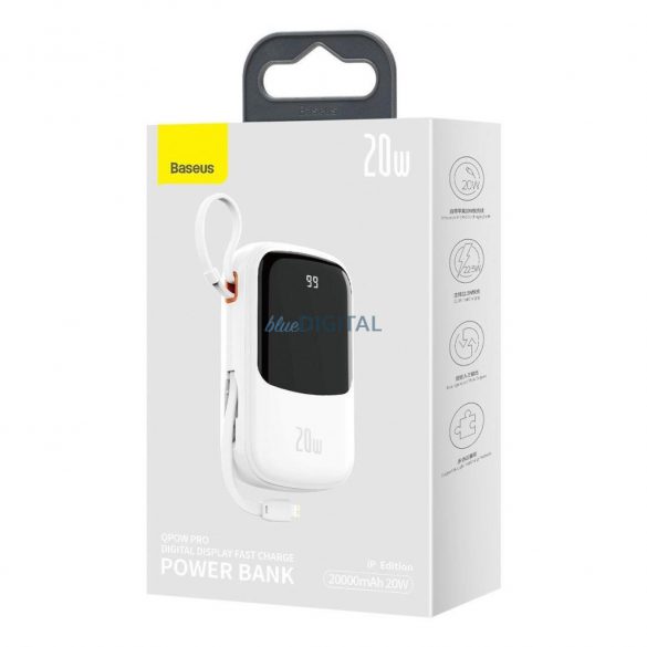 Baseus Qpow Digital Display powerbank 20000mAh 20W QC cu cablu Lightning încorporat - alb