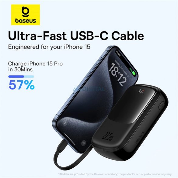 Powerbank Baseus Qpow Pro+ 20000mAh 22,5W cu cablu USB-C încorporat și afișaj - negru