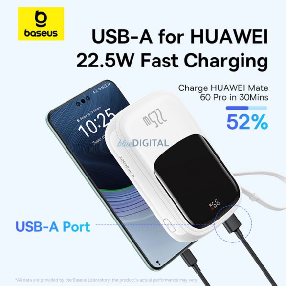 Baseus Qpow Pro+ 20000mAh 22.5W powerbank cu cablu USB-C încorporat și display - alb