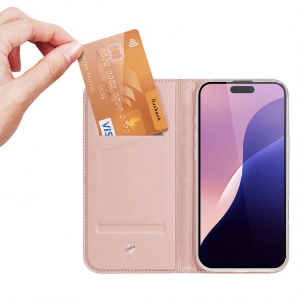 Etui Dux Ducis Skin Pro pe iPhone 16 Pro cu clapką i miejscem na kartę - różowe