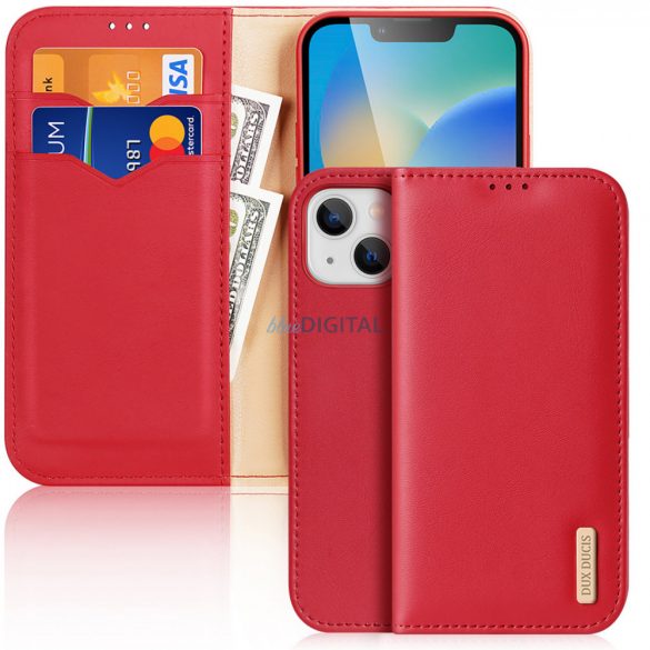 Dux Ducis Hivo Leather Flip Husă Portofel din piele naturală pentru carduri și documente iPhone 14 Plus Red